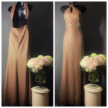 80s metallic rose gold halter gown cutout front, vintage open back bridal evening prom wedding 