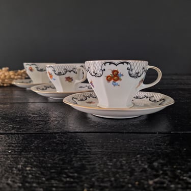 Set of 3 Art Deco Cups and Saucers MZ Austria Czechoslovakia China Porcelain Tea Cup Set Shabby Coffee Time 
