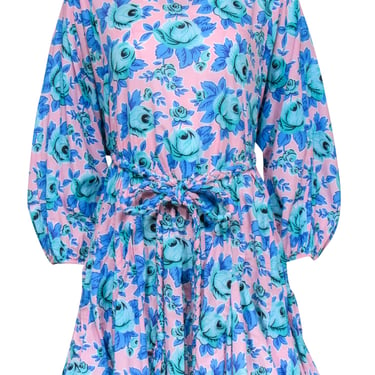 Rhode - Pink w/ Blue Floral Print Belted Long Sleeve Dress Sz S