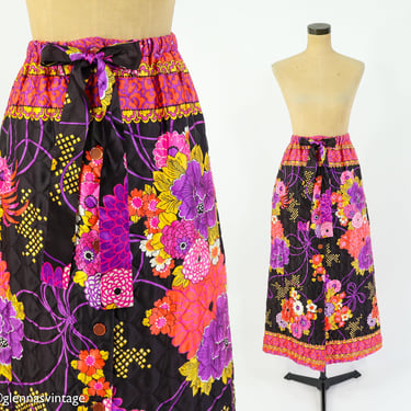 1970s Pink Print Quilted Maxi Skirt I 70s Mod Hostess Maxi Skirt l Pennys Loungewear l Medium 