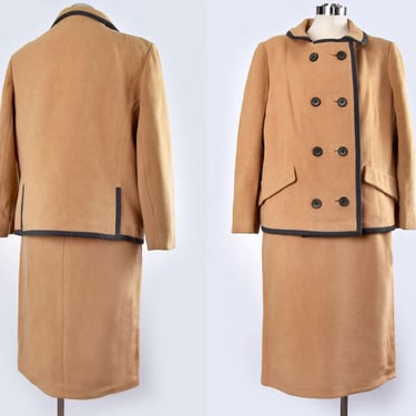 60's Designer WOOL 100% Camel Hair Jacket & Skirt Suit JJ O'Donnell Jack Feit, Matching Set, Mod Double Breasted Woman's 1960's Vintage Tan 