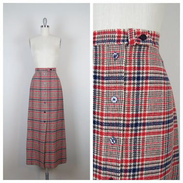 Vintage 1970s Pendleton wool maxi skirt houndstooth plaid button front 