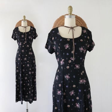 tie back black floral dress - s - vintage womens y2k 90s dark floral size small  summer short sleeve long maxi dress 