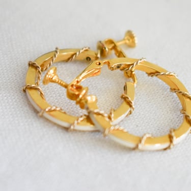 1960s/70s Les Bernard Cream Enamel and Gold Metal Hoop Clip Earrings 