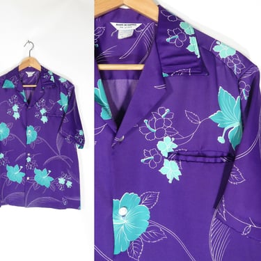 Vintage 70s Purple Hawaiian Shirt Size M 