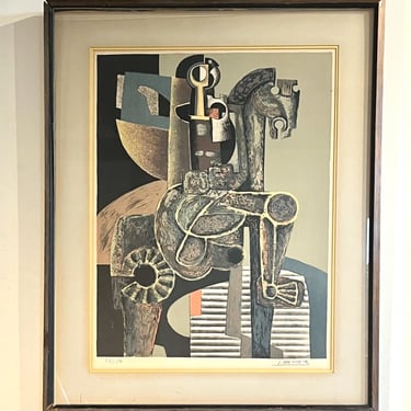 Signed and numbered Jose Herrera lithograph depicting a cubist horse rider 