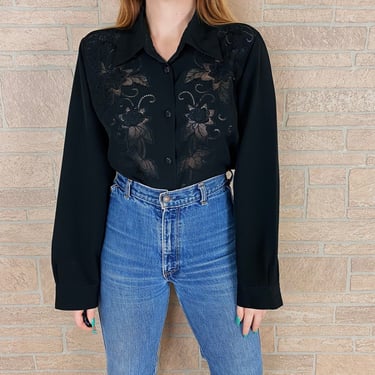 Vintage Black Chic Cut Out Floral Embroidered Blouse 