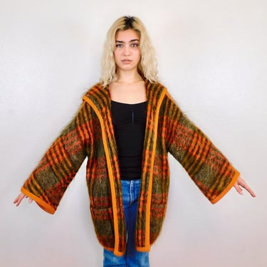 Mohair Cardigan Sweater // vintage 70s knit hippie dress blouse hippy 1970s tunic space dye 70's 1970's oversize hood hooded // O/S 