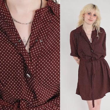 70s Shirtdress Brown Mini Dress Dot Print High Waisted Belted Collared Retro Button Up Short Sleeve Secretary Day Vintage 1970s Medium Large 