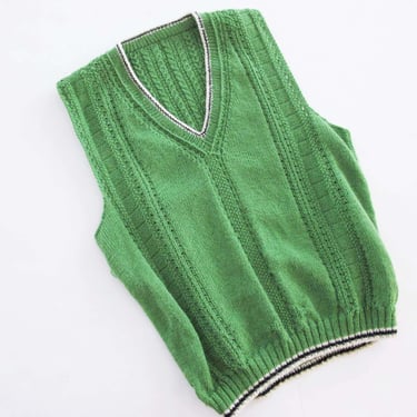 Vintage Hand Knit Green Sweater Vest S - 80s V Neck Knitted Top - Preppy Academia Style 