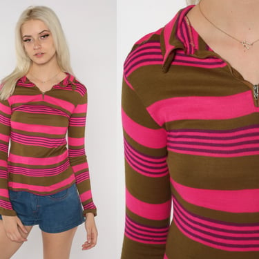 70s Striped Shirt Brown Pink Polo Shirt Retro Long Sleeve Top Quarter Zip Collared Boho Preppy Nerd Geek Mod Vintage 1970s Extra Small xs 