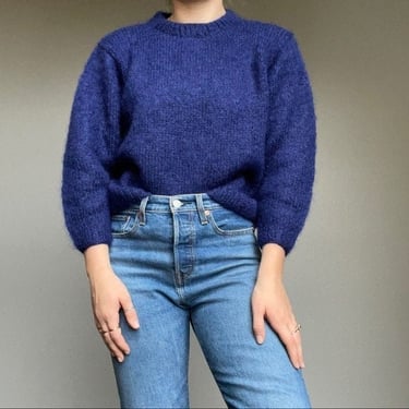 Navy Blue Women’s Hand Knit Fuzzy Wool Mohair Crewneck Minimalist Sweater Sz M 
