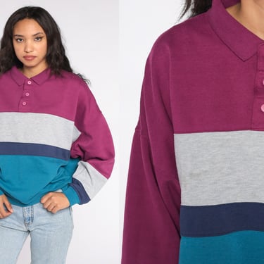 Striped Polo Sweatshirt 90s Long Sleeve Grey Purple Blue Color Block Sweatshirt 1990s Button Up Collared Sweatshirt Vintage Men's 2xl xxl 