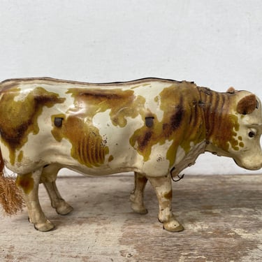 Antique Tin Litho Mechanical Cow, Made In US Zone Germany (1945-1955), No Key, Farmhouse Decor, Guernsey Cow, Brown White Spots, Wisconsin 