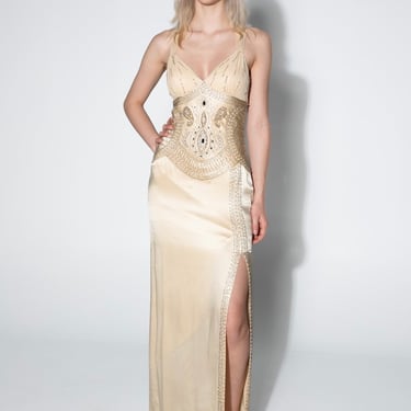 Sue Wong Champagne Silk Satin Beaded Gown