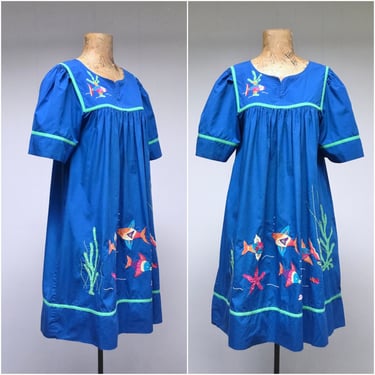 Vintage Embroidered Patio Dress, Blue Cotton Under the Sea Appliqué Muu Muu, Ocean Theme Bechamel House Dress. Boho Maternity, Medium 