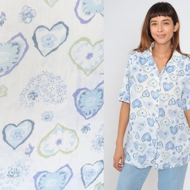 Floral Heart Shirt 90s Button up Blouse White Blue Green Hearts Flower Print Top Short Sleeve Collared Boho Retro Vintage 1990s Blair Large 