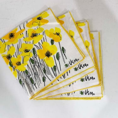 Vintage Vera Neumann Napkins Set of 4 Flowers Floral Yellow Butterfly Daisy Cloth Fabric Reusable 1970s 