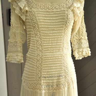 antique 1900s Edwardian ivory net & lace embroidered dress XS/S 