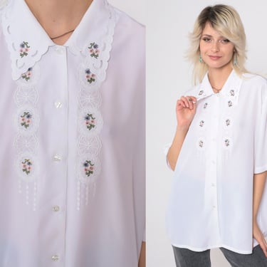 Floral Embroidered Blouse 90s White Cut Out Scalloped Collar Top Button Up Shirt Short Sleeve Collared Blouse Vintage 1990s Extra Large xl 