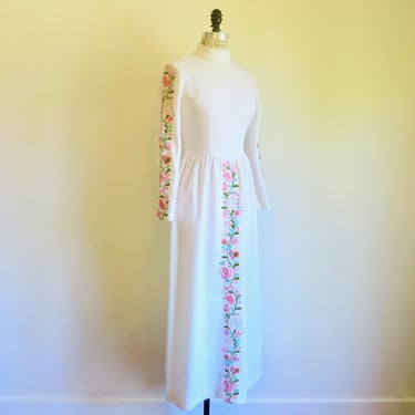 1970's White and Pink Floral Embroidered Maxi Dress Mockneck Long Sleeves 70's Prom Formal Bridal Wedding 27