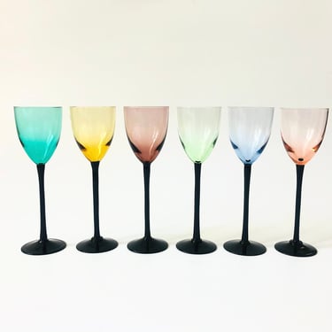 Mid Century Colorful Black Stem Cordial Glasses / Set of 6 