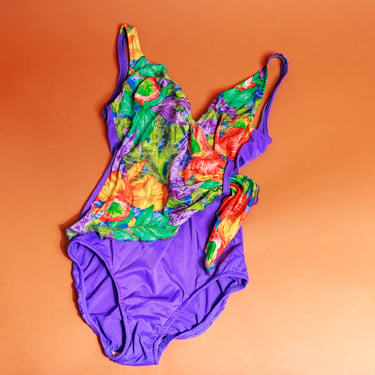 80s Tropical Swimsuit Violet Swimsuit Vintage Tropical Print Bathing Suit 