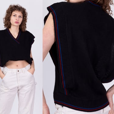 80s Black Knit Low Armhole Sweater Tank - Medium | Vintage Striped Trim V Neck Sleeveless Pullover Top 