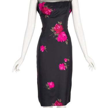 Anne Verdi 1960s Rose Print Black Silk Twill Vintage Cocktail Dress Sz M 
