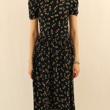 1940s Black Rayon Crepe Floral Daisy Print Frontzip Day Dress