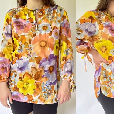 1970's floral Blouse fits S - L Gold Yellow Purple and Pink 