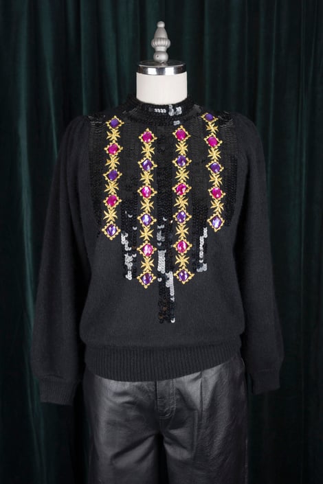 Vintage 80s Bejeweled Balloon Sleeve Black Wool Angora Sweater with Gems, Sequins, and Embroidery 