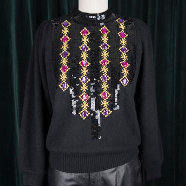 Vintage 80s Bejeweled Balloon Sleeve Black Wool Angora Sweater with Gems, Sequins, and Embroidery 