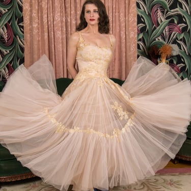 1950s Gown - Exquisite PHILIP HULITAR Ballgown of Layered Frothy Petal Pink Tulle with Lace Applique and Pleated Bust 
