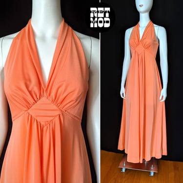 Beautiful Vintage 60s 70s Pastel Bright Orange Long Sleeveless Maxi Dress 