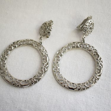 Vintage Silver Filigree Hoop Clip Earrings 