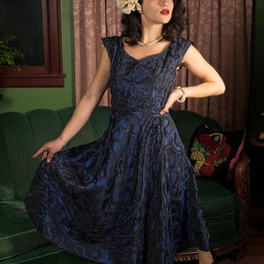 1950s Dress - Lustrous Vintage 50s Taffeta Navy Blue Sharkskin Party Dress with Pleated Self-Fabric Soutache Embellishment 