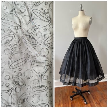 50s Flocked CHAMPAGNE Skirt / 1950s Vintage Novelty Print Full Skirt / Small / 24 inch waist 