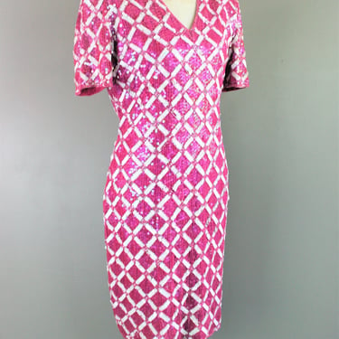 1980s Hot Pink Sequin Cocktail Dress - Trophy Dress - by Joan Leslie - Size 12 