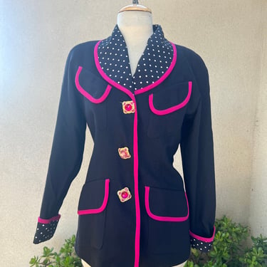 Vintage Cache blazer jacket 1980s black crepe pink rhinestones buttons Sz Small 