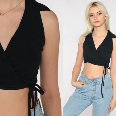 90s Crop Top Wrap Shirt Black Sleeveless Blouse Long Collared Tank Top V Neck Shirt Plain Basic Cropped Normcore Retro Vintage 1990s Small S 