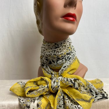 60’s beautiful 100% silk soft scarf ~ extra long and wide subtle leopard chain link pattern vintage silky sheer neck bow hand rolled 