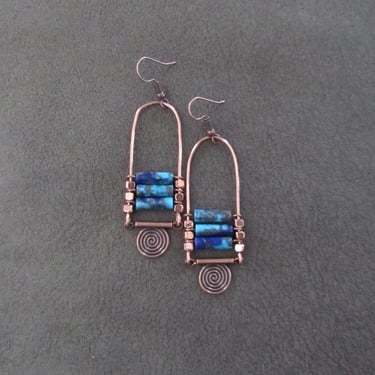 Blue jasper earrings, copper tribal chandelier earrings 