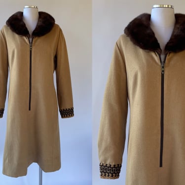 Vintage 1960s Sabian 100% Camel Hair Coat Dress w Oversized Zipper Front Brown Mink Collar by Georgette Trilere | 50s-70s, Mod, Mid Century 