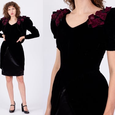 80s Scott McClintock Black Velvet Mini Dress & Bolero Jacket Set - Small | Vintage Rosette Shoulder Puff Sleeve Two Piece Outfit 