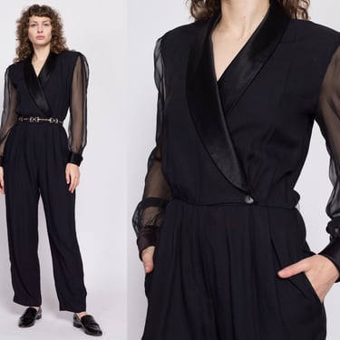 80s Black Sheer Sleeve Satin Trim Jumpsuit Medium | Vintage Wrap Bodice Relaxed Fit Formal Pantsuit 