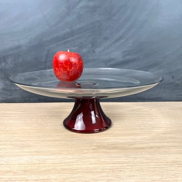 Anchor Hocking cake stand - ruby red pedestal, clear plate - vintage 