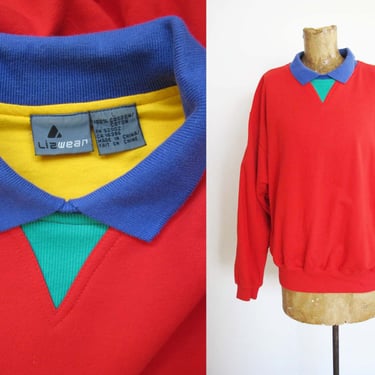 Vintage 90s Red Color Block Pullover  Collar Sweatshirt M - 1990s Liz Claiborne Baggy Jumper - Primary Colors 