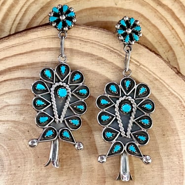 STAR FLOWER Sterling Silver & Turquoise Dangle Stud Earrings | Flower Design Navajo Style Jewelry | Native American Southwestern, 14g 