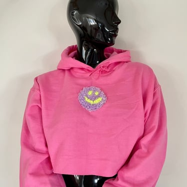 Hot Pink Cropped Tufted Hoodie, Sweatshirt, Birthday Gift, Happy Face, Smiley Face, Purple 